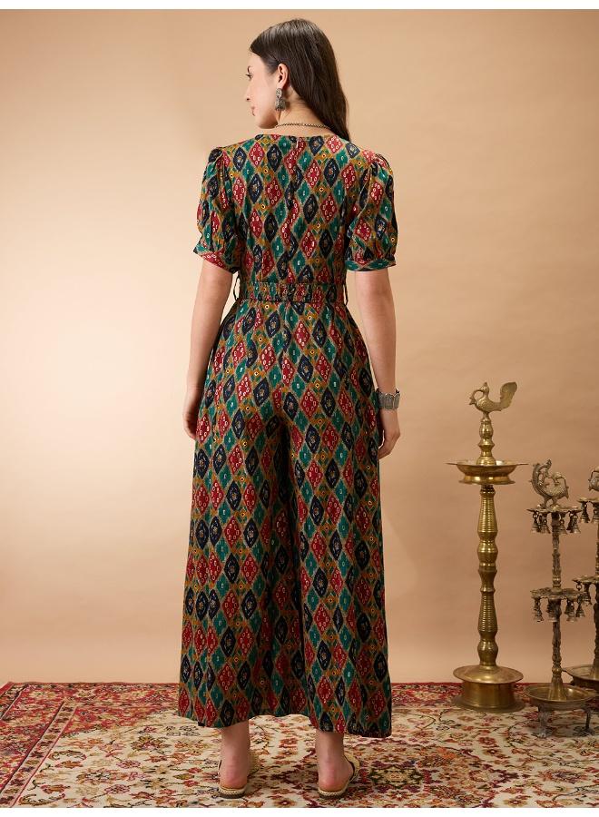 Globus Women Multi Color Wrap V-Neck Puff Sleeves Ethnic Motifs Print Flared Wide Leg Fusion Jumpsuit with Belt - Image 4